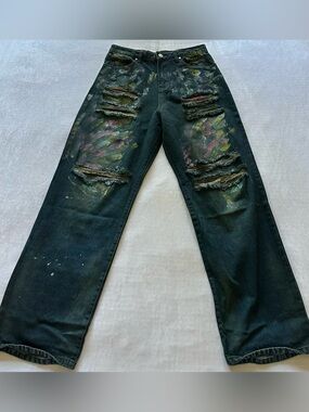 basketcase indigo denim w colorful paint accents & distressing / size 30